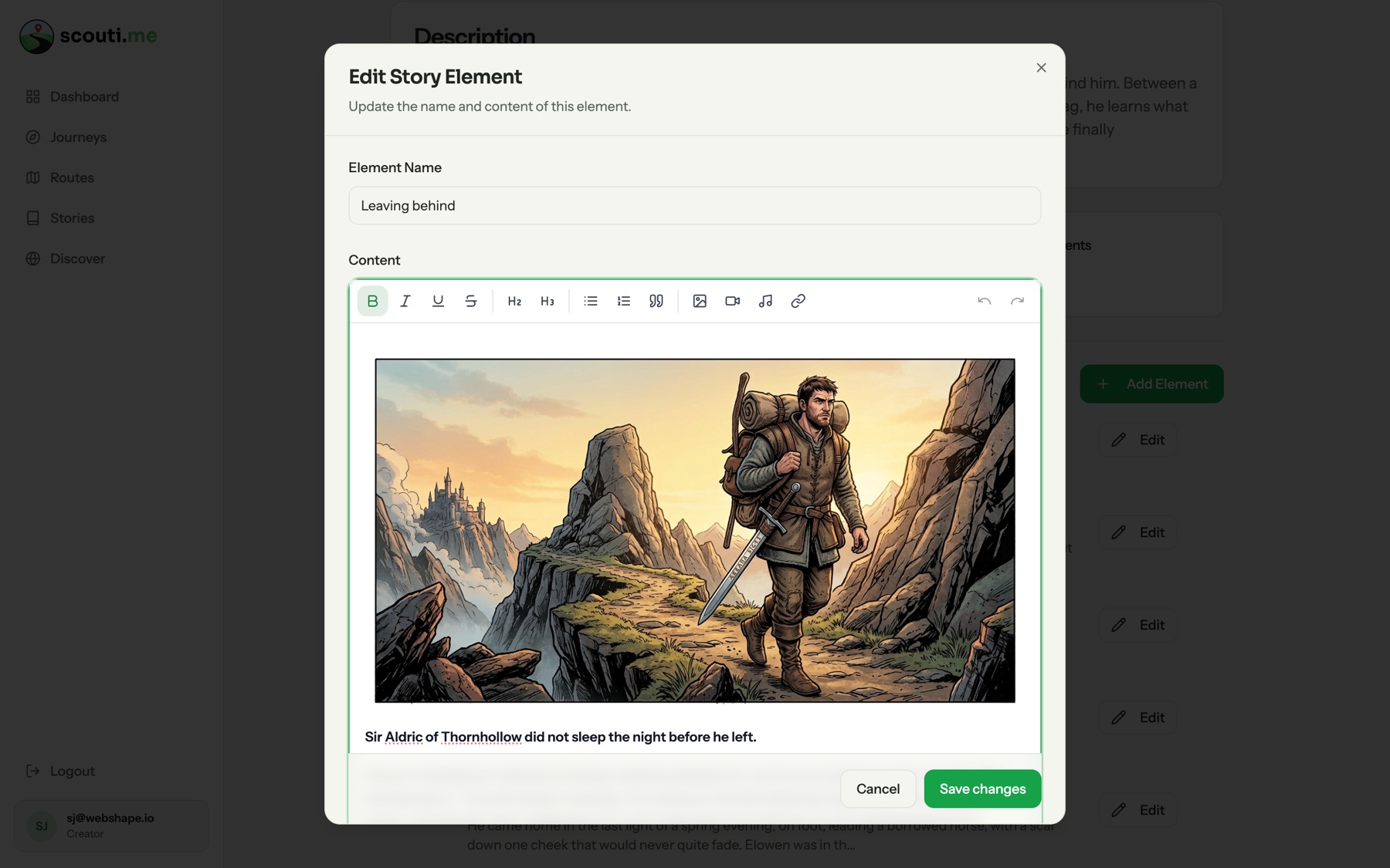 Dialog zum Bearbeiten eines Story-Kapitels mit Text und Bild im scouti.me Creator
