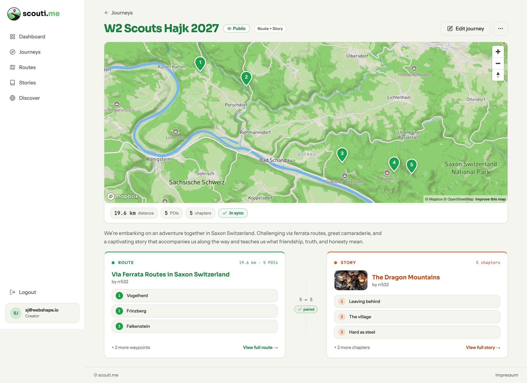 Fertige Journey mit verbundener Route und Story im scouti.me Creator