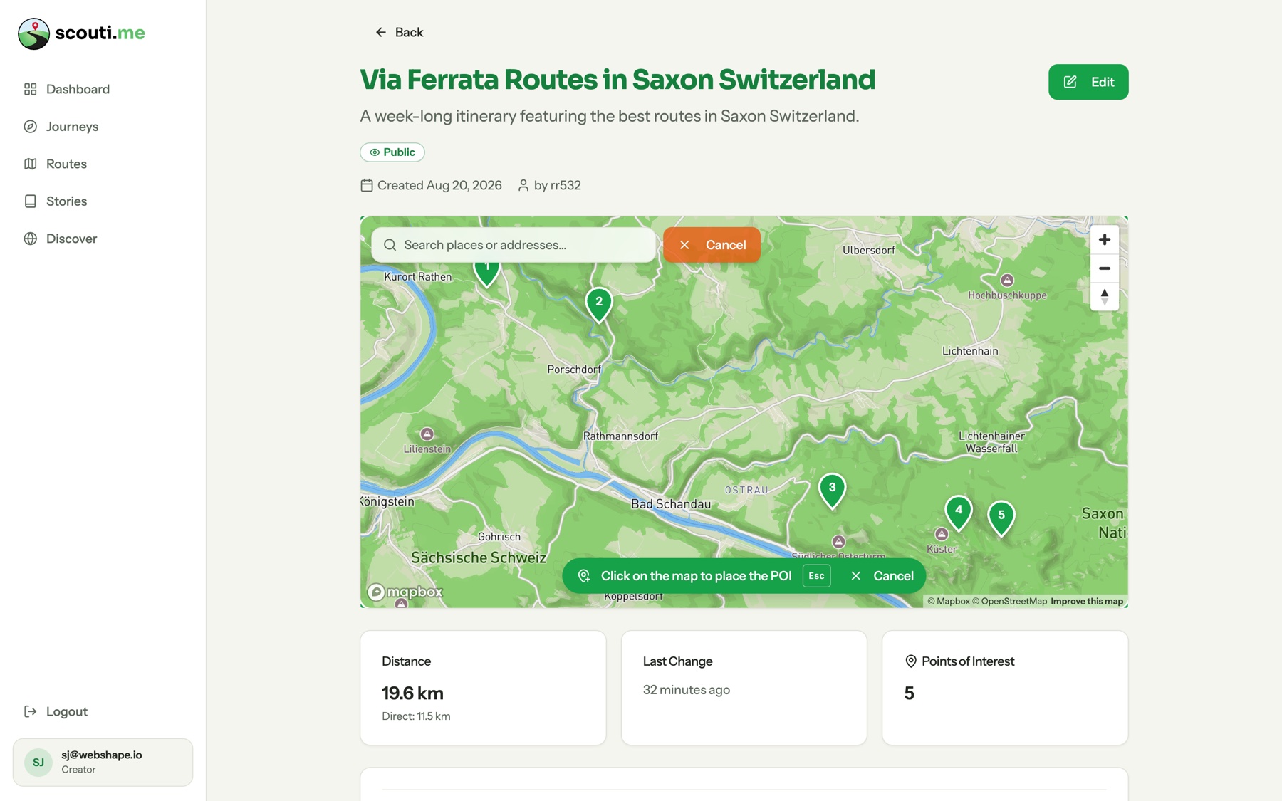 scouti.me Creator mit einer Wanderroute und fünf nummerierten Points of Interest